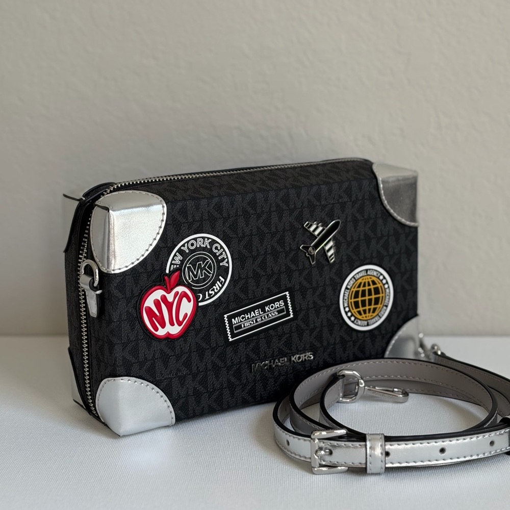 Michael Kors Jeanie Small EW Trunk Crossbody Travel Agency MK Logo Black/Silver - Picture 14 of 16